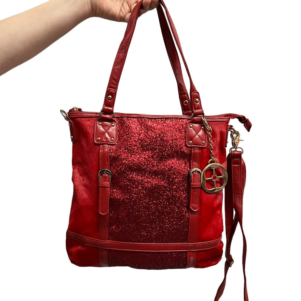 IMAN Red Sequence & Faux Fur Shoulder Bag